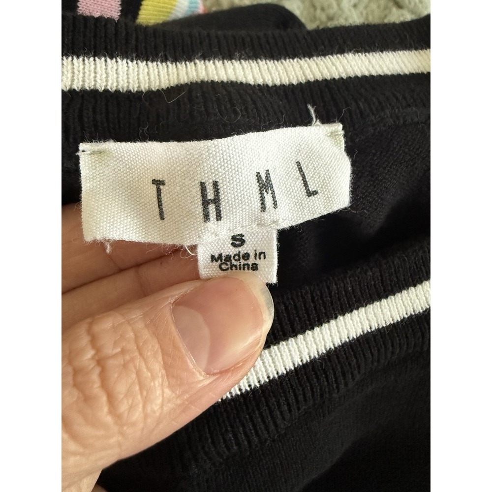 THML Black Knit Sweater Top Rainbow Stripe Sleeve Cuffs Women's Small Preppy - Picture 5 of 9